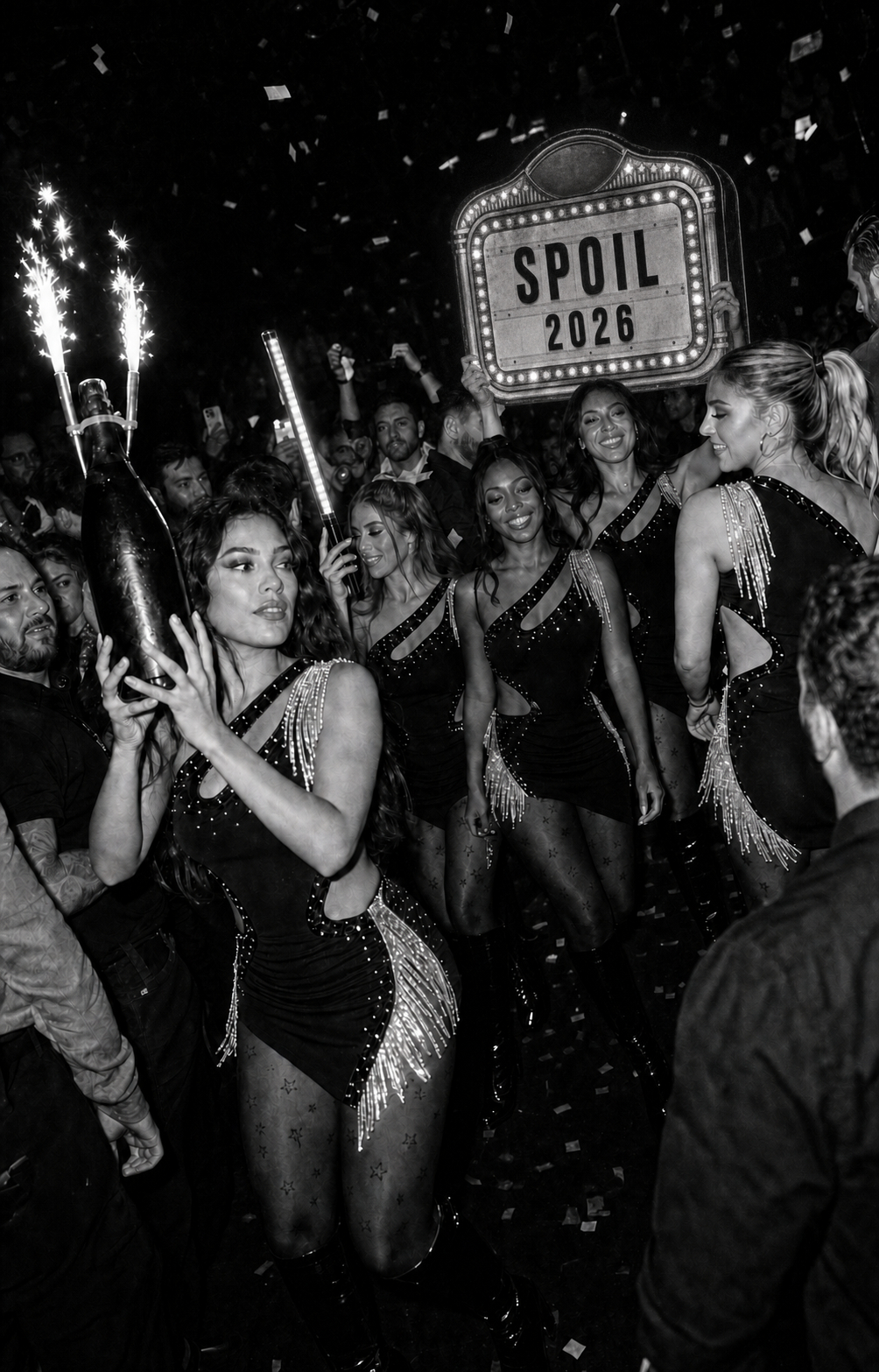 Black-and-white flash photo of bottle girls carrying champagne with sparklers and a light-up Spoil 2026 sign through a West Hollywood club
