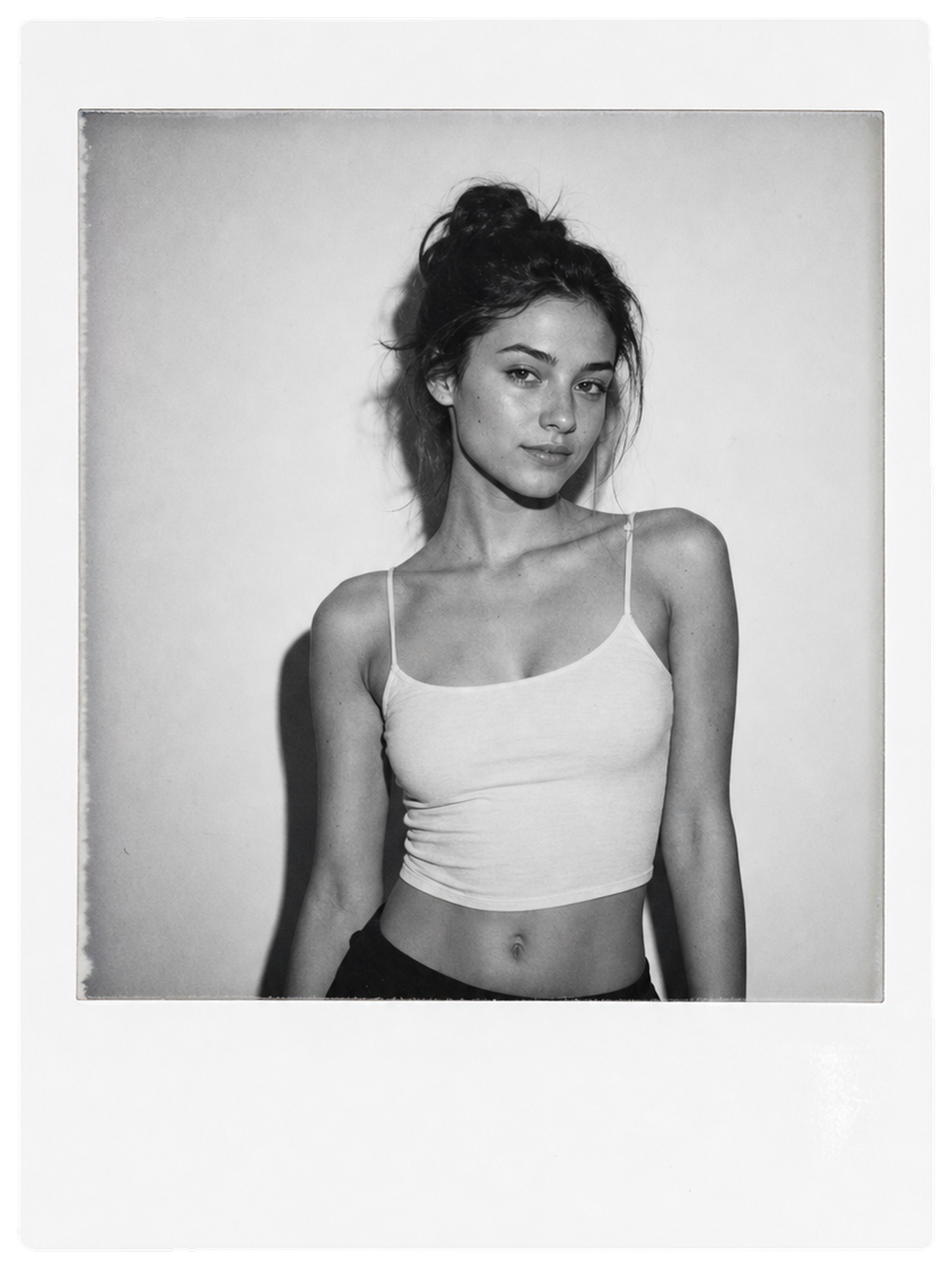 Black-and-white casting polaroid of a model in a cropped tank against a white studio wall