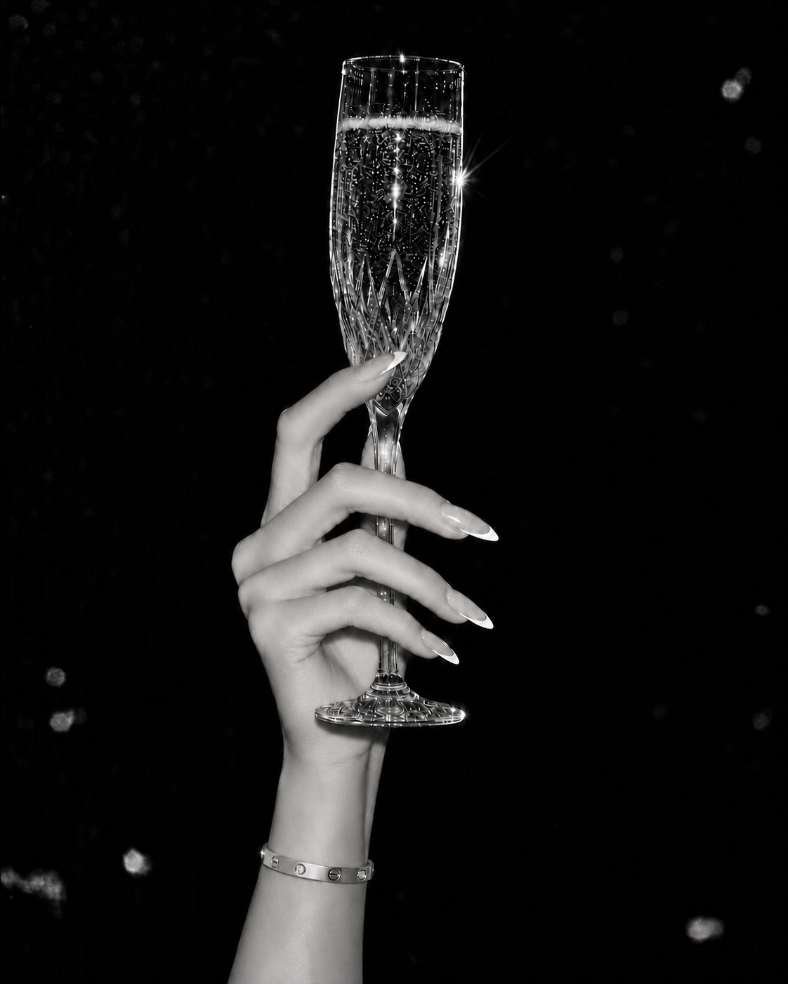 Black-and-white flash photo of a woman&rsquo;s hand raising a champagne coupe against the night sky