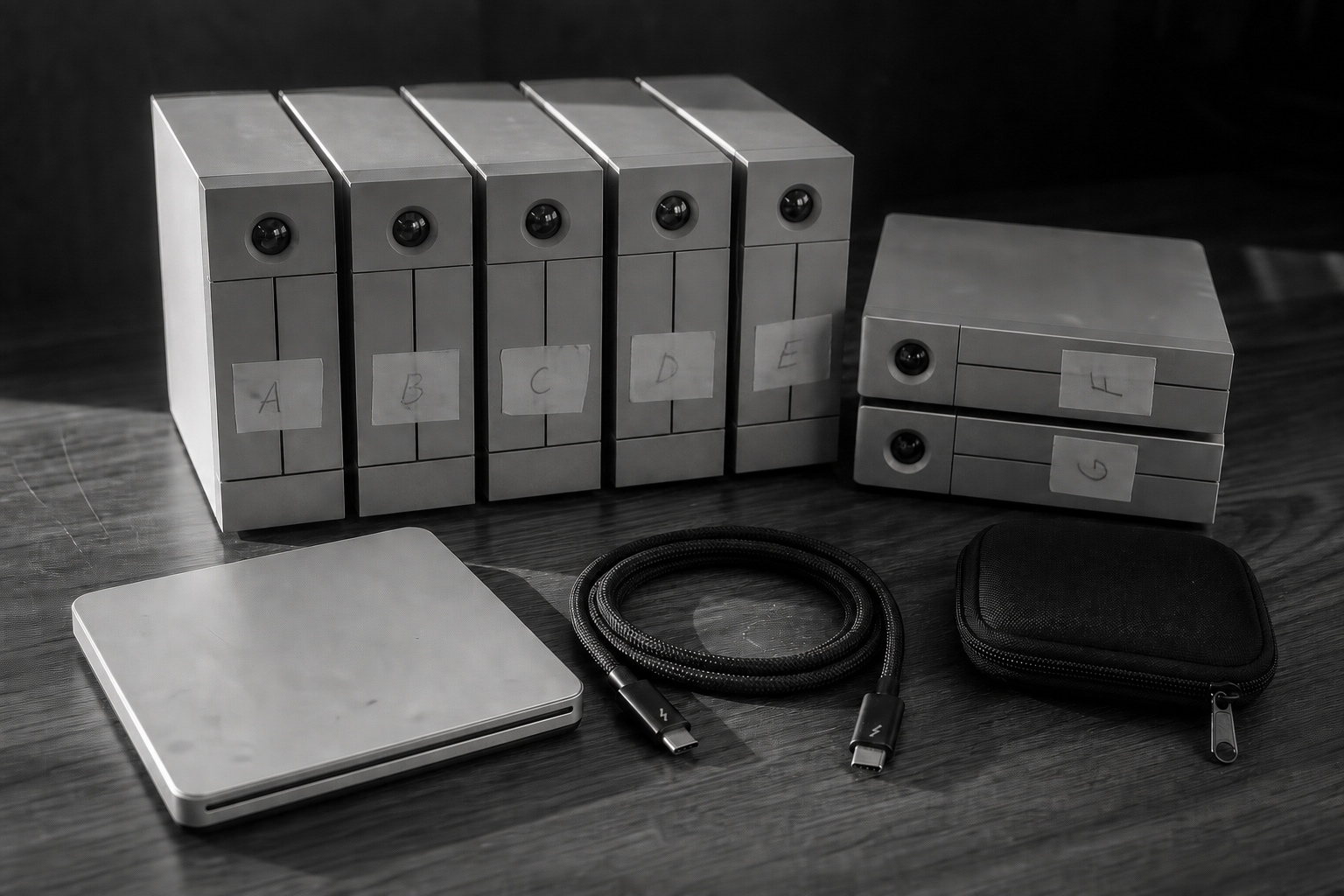 Black-and-white photo of hand-labelled hard drives lined up on a dark wood desk with a braided cable and travel case