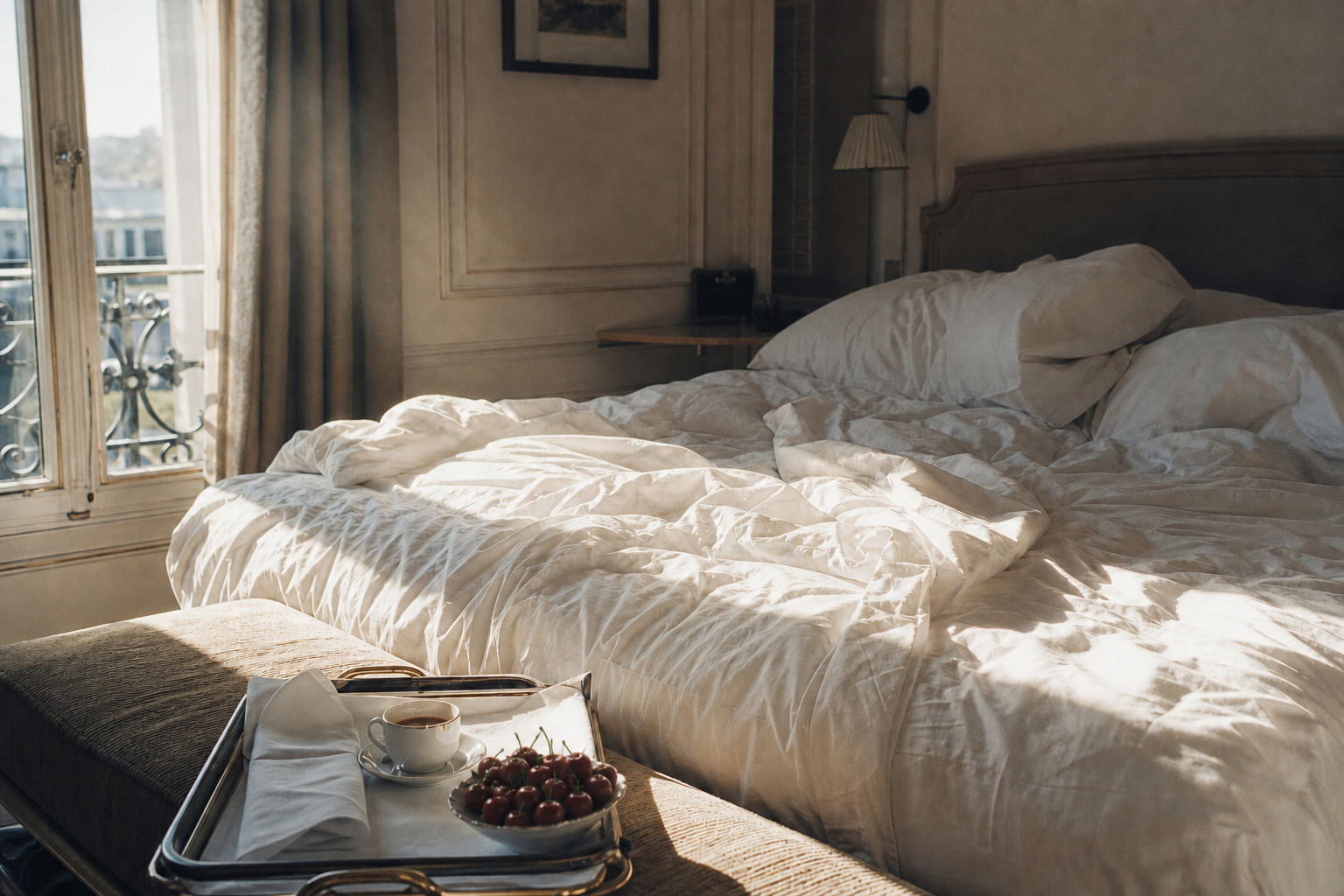 Unmade white linen bed in a luxury hotel suite with morning light and a room-service tray of espresso and cherries