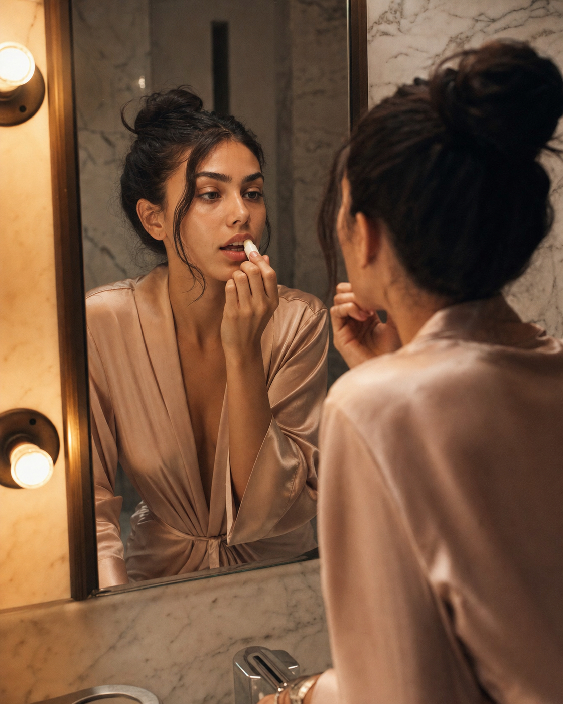 Model in a silk robe applying lip balm in a marble vanity mirror under warm tungsten light