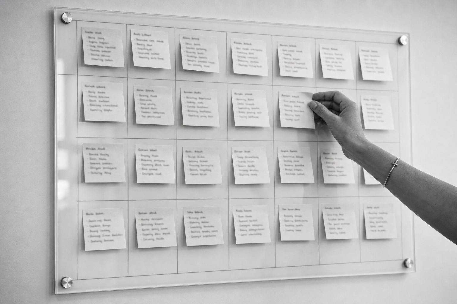 Black-and-white photo of a hand placing a note on an acrylic monthly planning board of handwritten cards