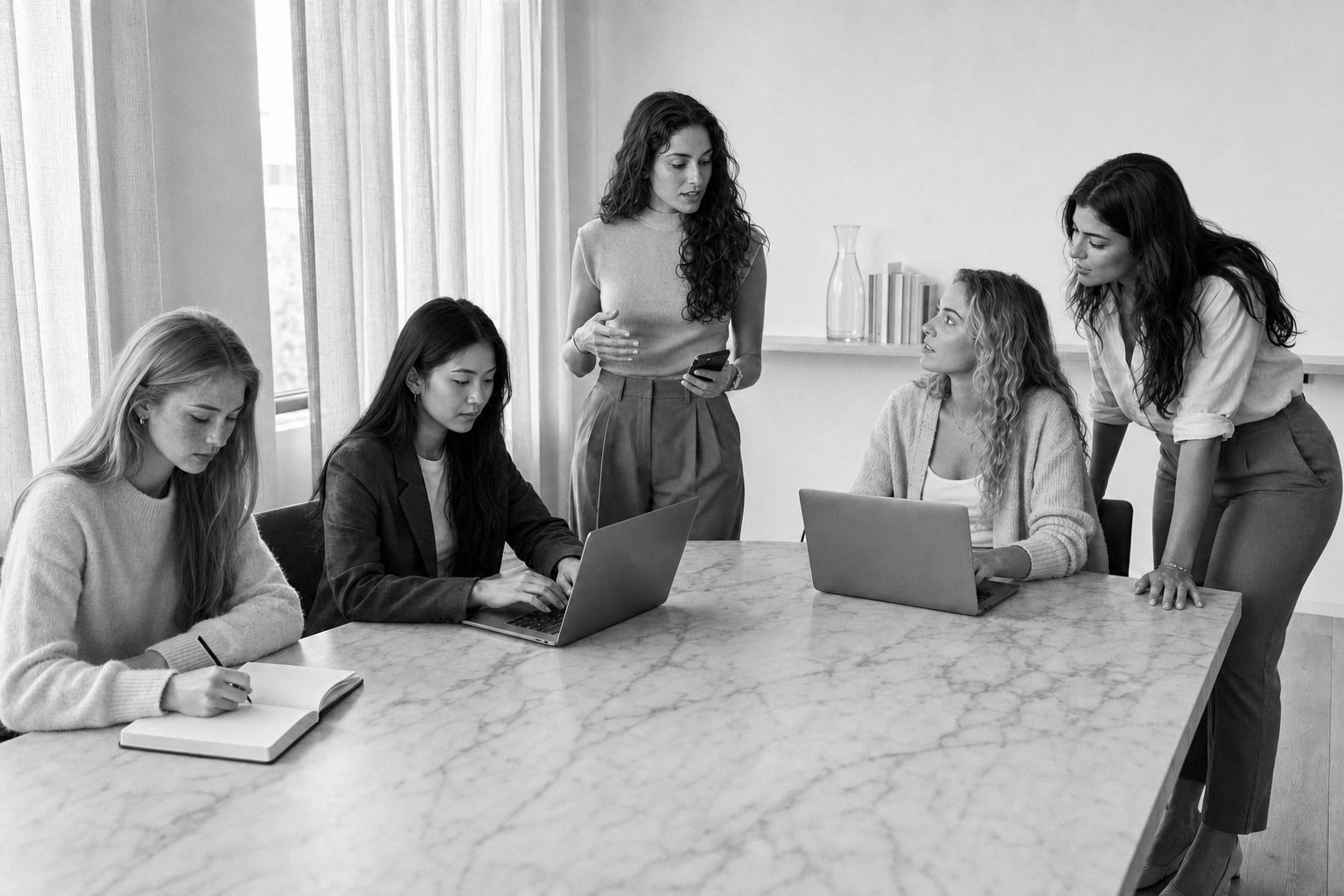 Black-and-white wide photo of five women working at a shared marble table in the Spoil West Hollywood office